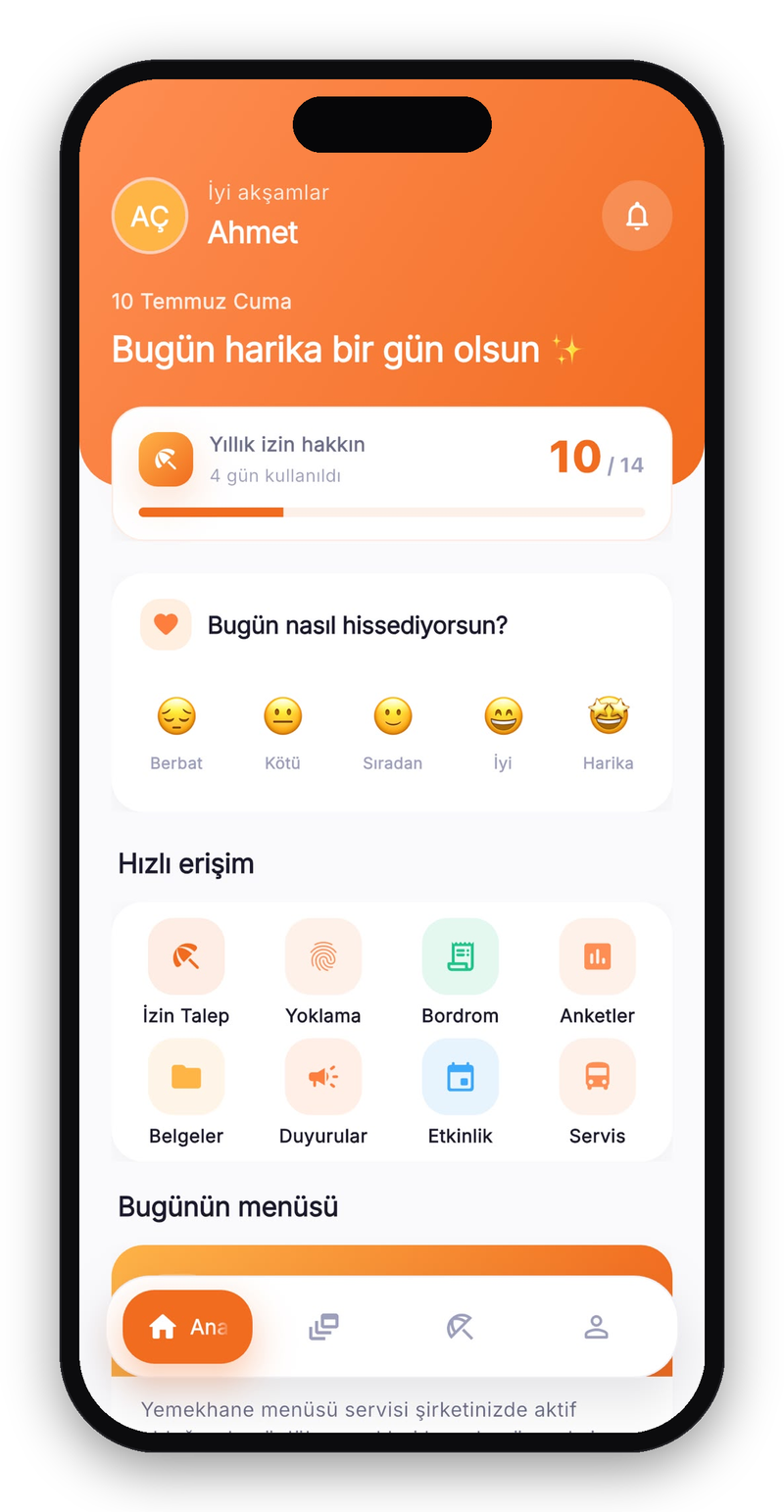 NetpusHR mobil uygulaması: yıllık izin durumu, hızlı erişim menüsü ve personel self-servis ekranı